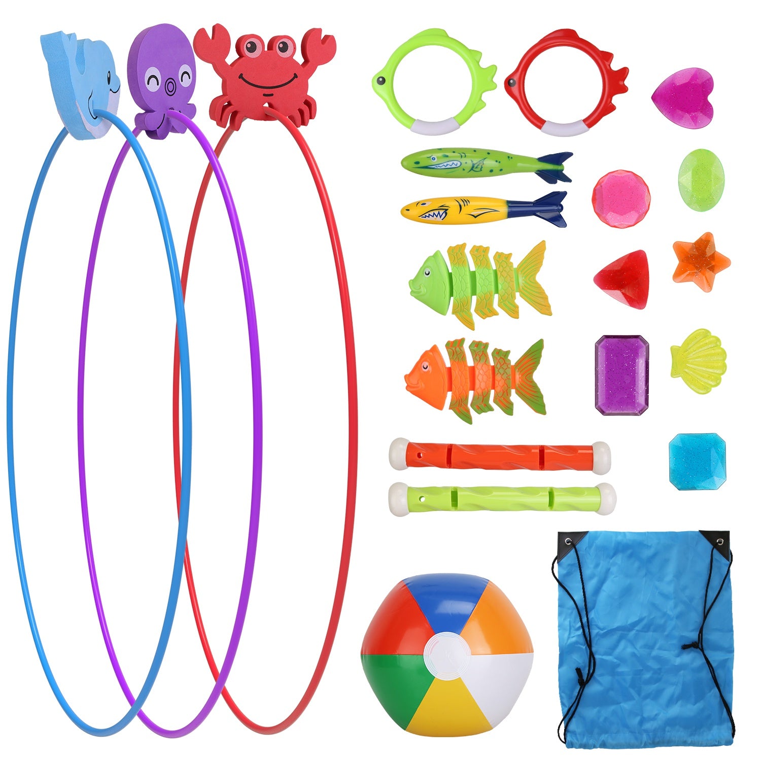24-Piece Diving & Swimming Pool Toys Set – Rings, Torpedoes, Gems + Storage Bag