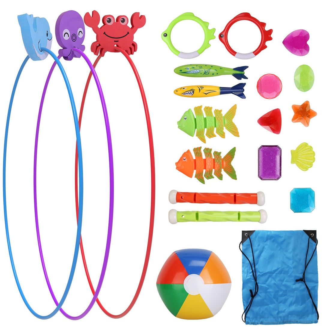24-Piece Diving & Swimming Pool Toys Set – Rings, Torpedoes, Gems + Storage Bag