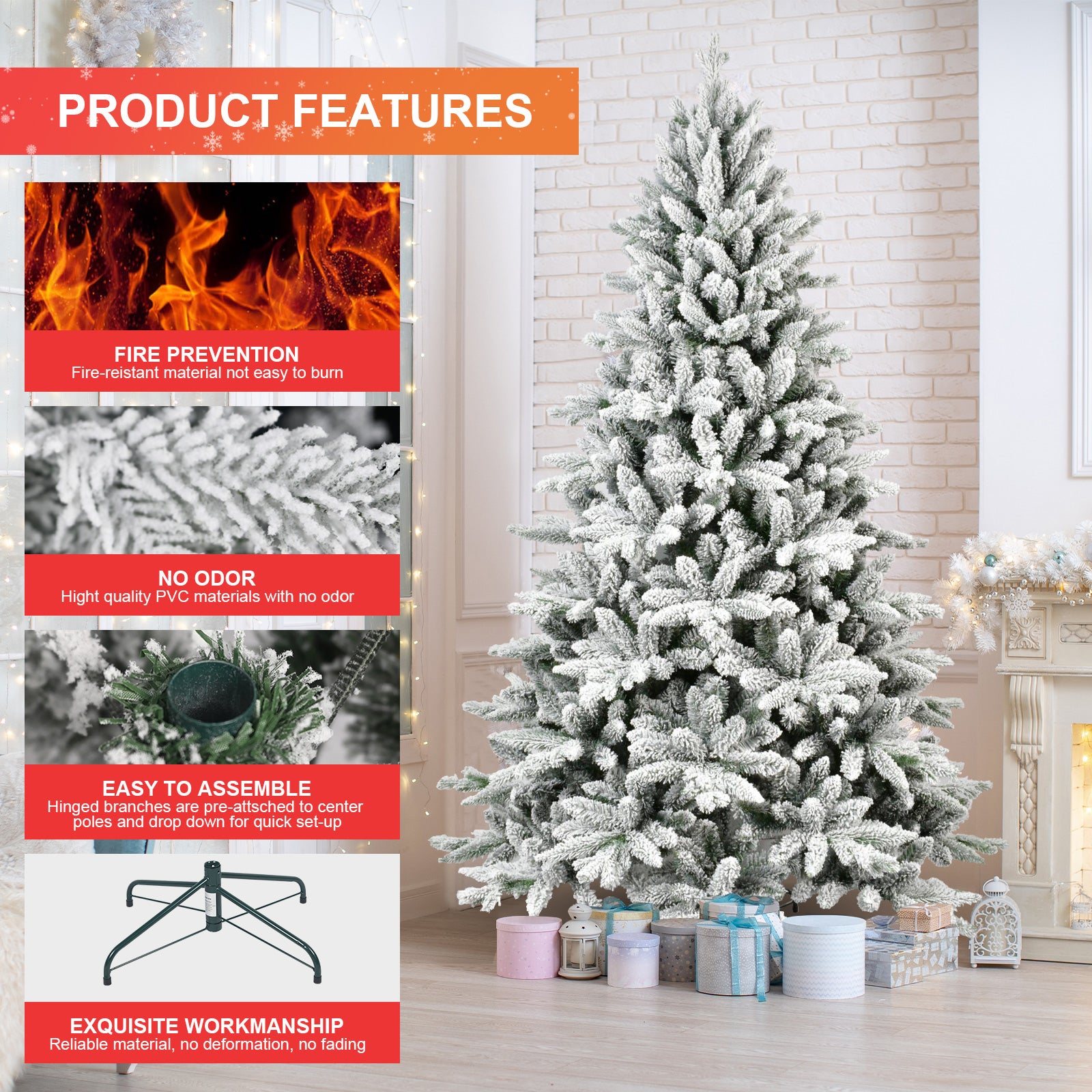 7ft Flocked Hinged Christmas Tree – PVC/PE, Eco-Friendly & Fire-Resistant