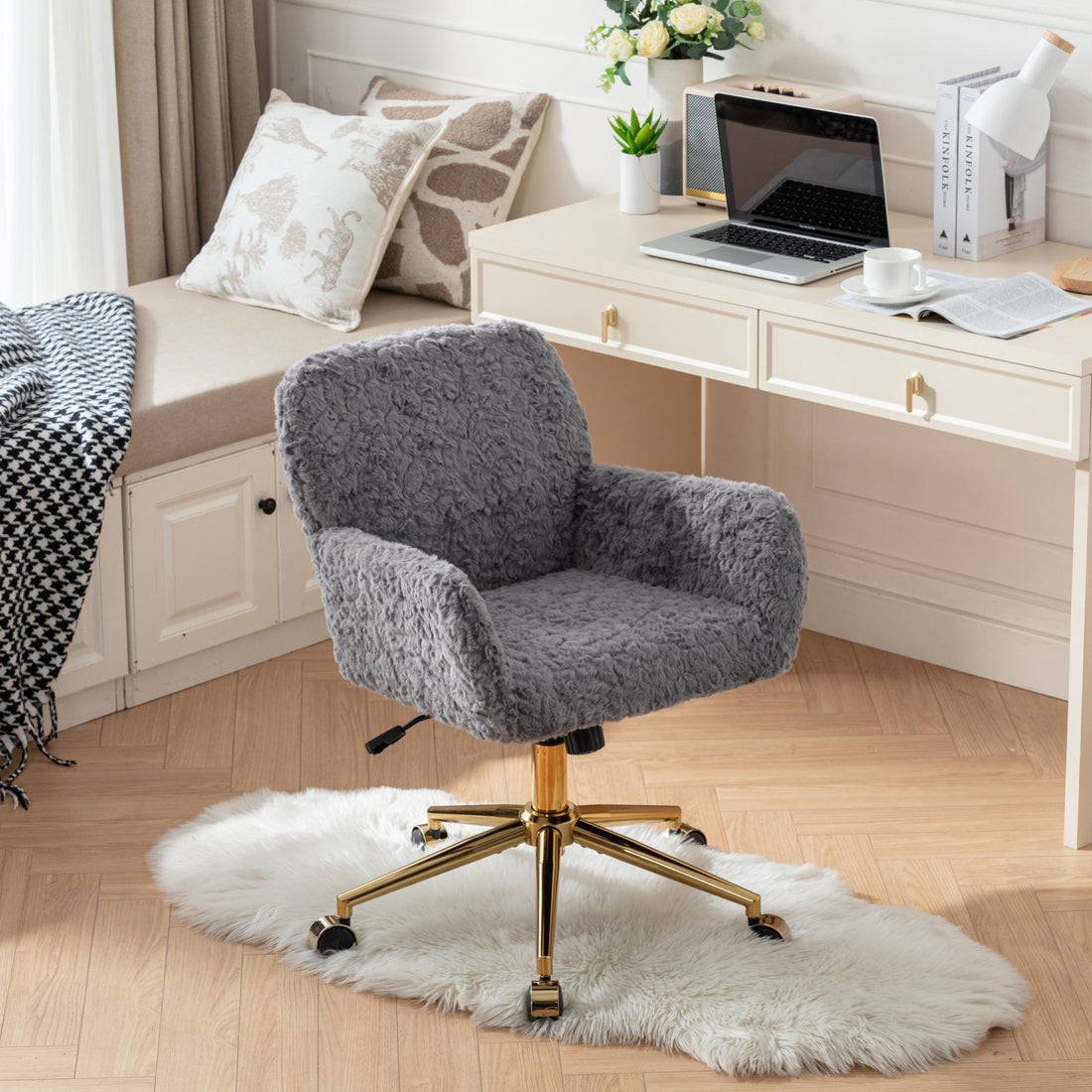 Artificial Rabbit Hair Office Chair – Adjustable Swivel Chair with Gold Base (Gray)