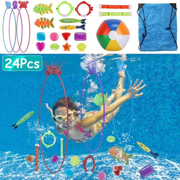 24-Piece Diving & Swimming Pool Toys Set – Rings, Torpedoes, Gems + Storage Bag