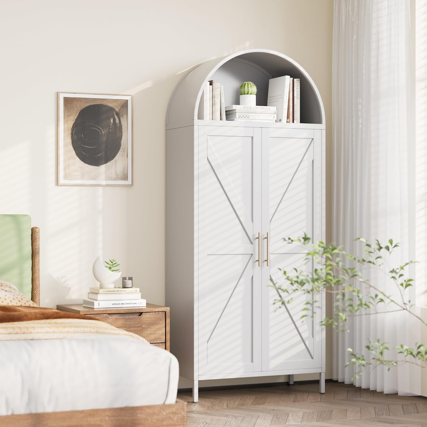 Metal Arched Kitchen Pantry Cabinet – White Storage Cabinet with Doors