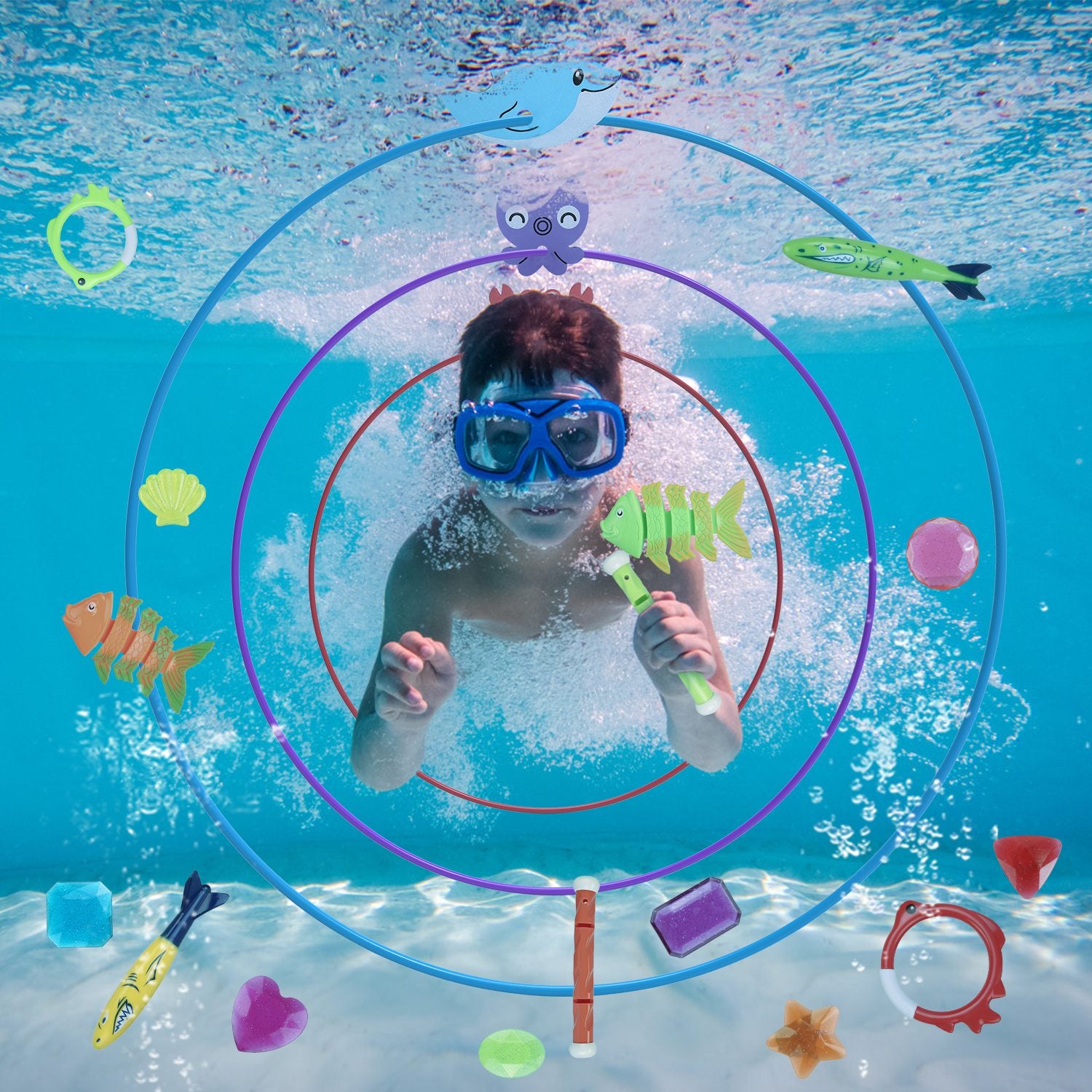 24-Piece Diving & Swimming Pool Toys Set – Rings, Torpedoes, Gems + Storage Bag
