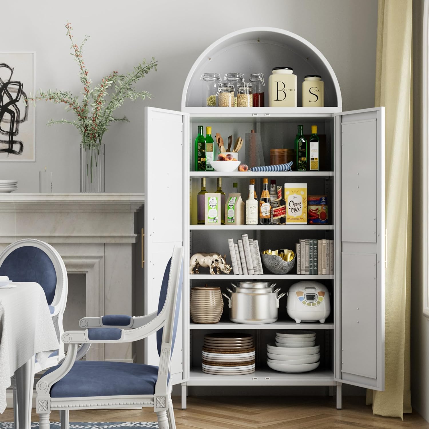 Metal Arched Kitchen Pantry Cabinet – White Storage Cabinet with Doors