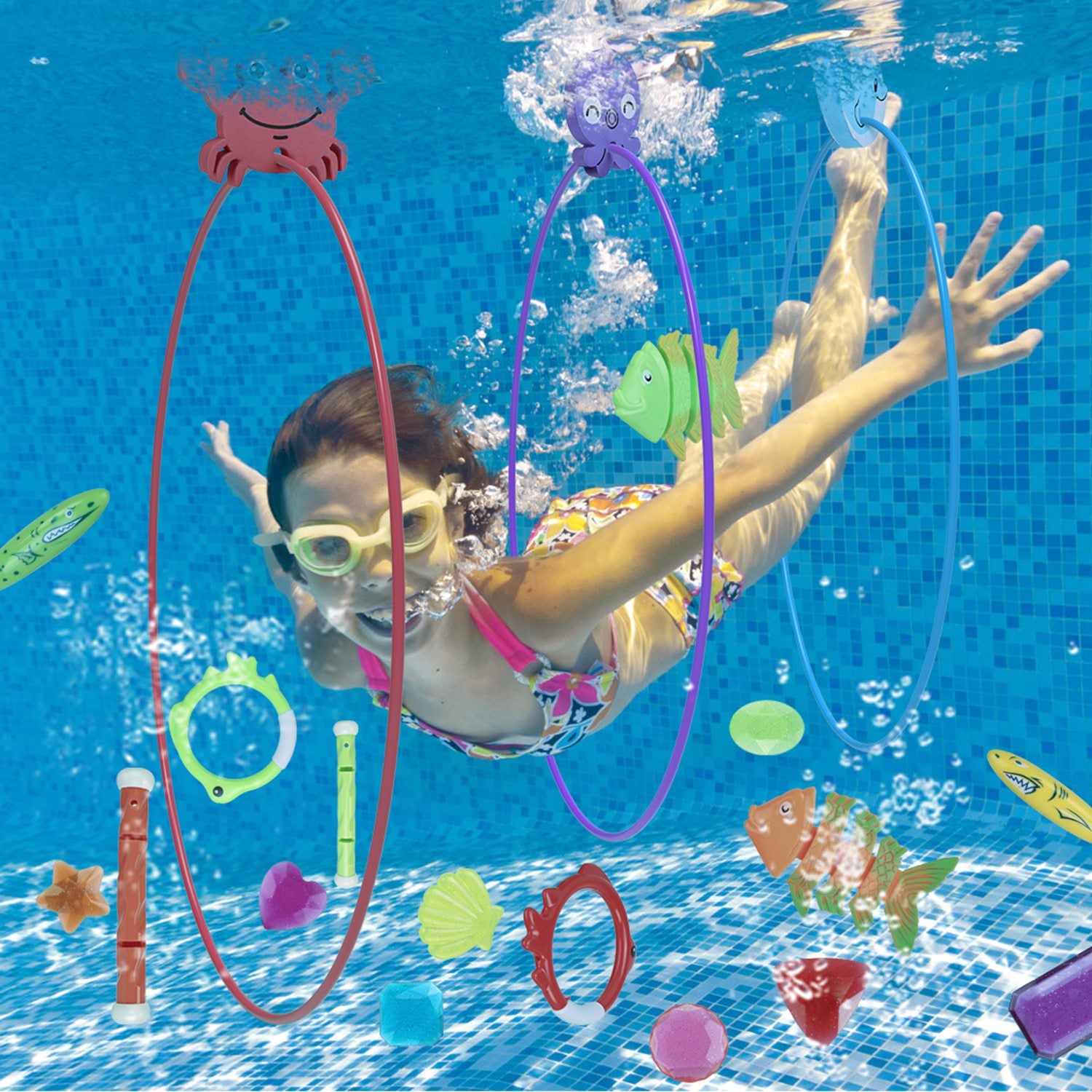 24-Piece Diving & Swimming Pool Toys Set – Rings, Torpedoes, Gems + Storage Bag
