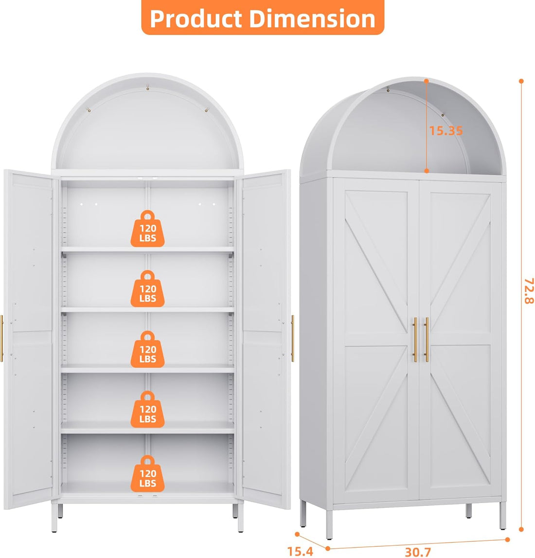 Metal Arched Kitchen Pantry Cabinet – White Storage Cabinet with Doors
