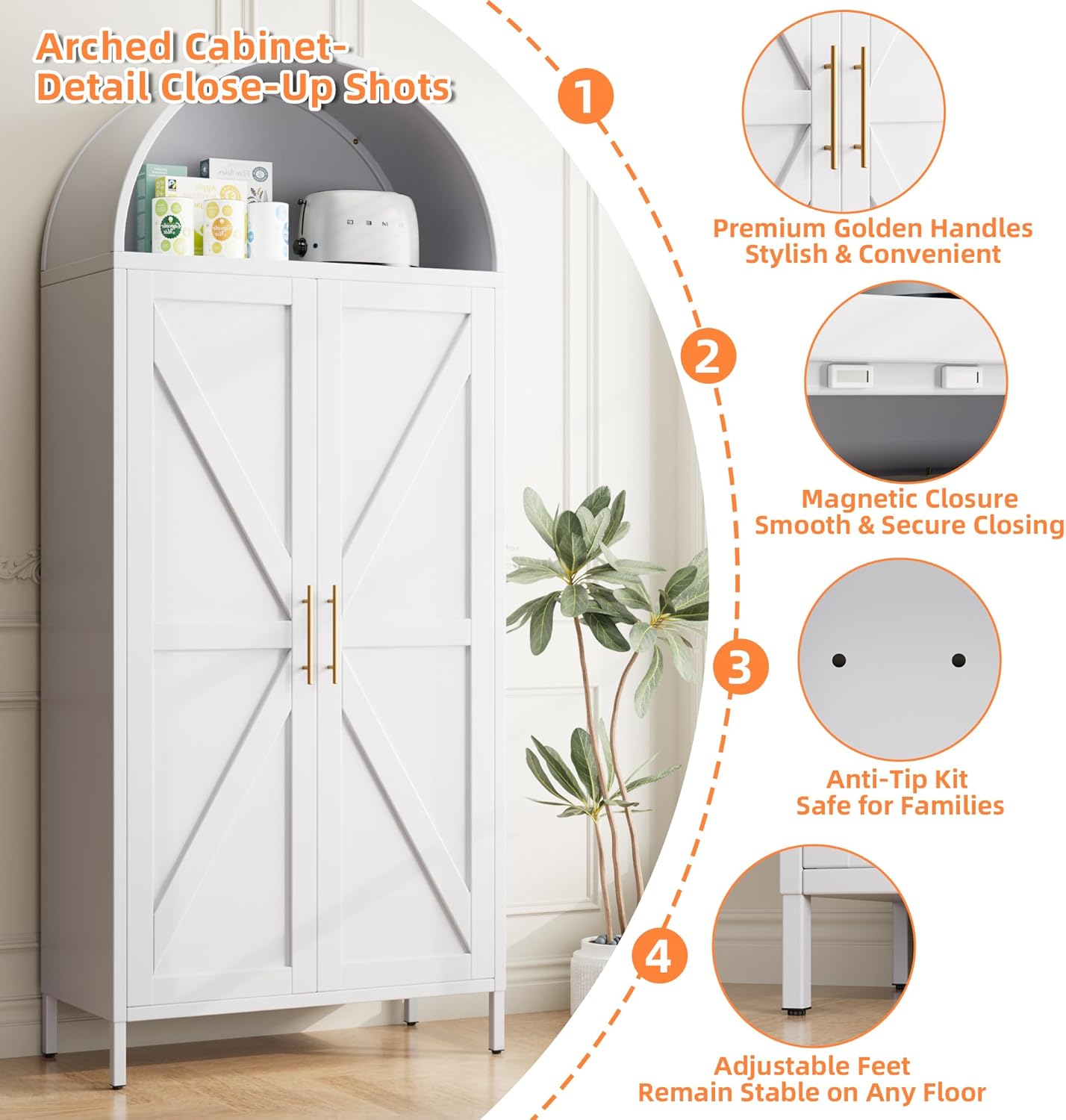 Metal Arched Kitchen Pantry Cabinet – White Storage Cabinet with Doors