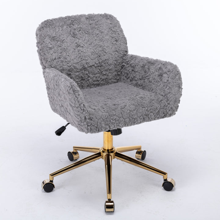Artificial Rabbit Hair Office Chair – Adjustable Swivel Chair with Gold Base (Gray)