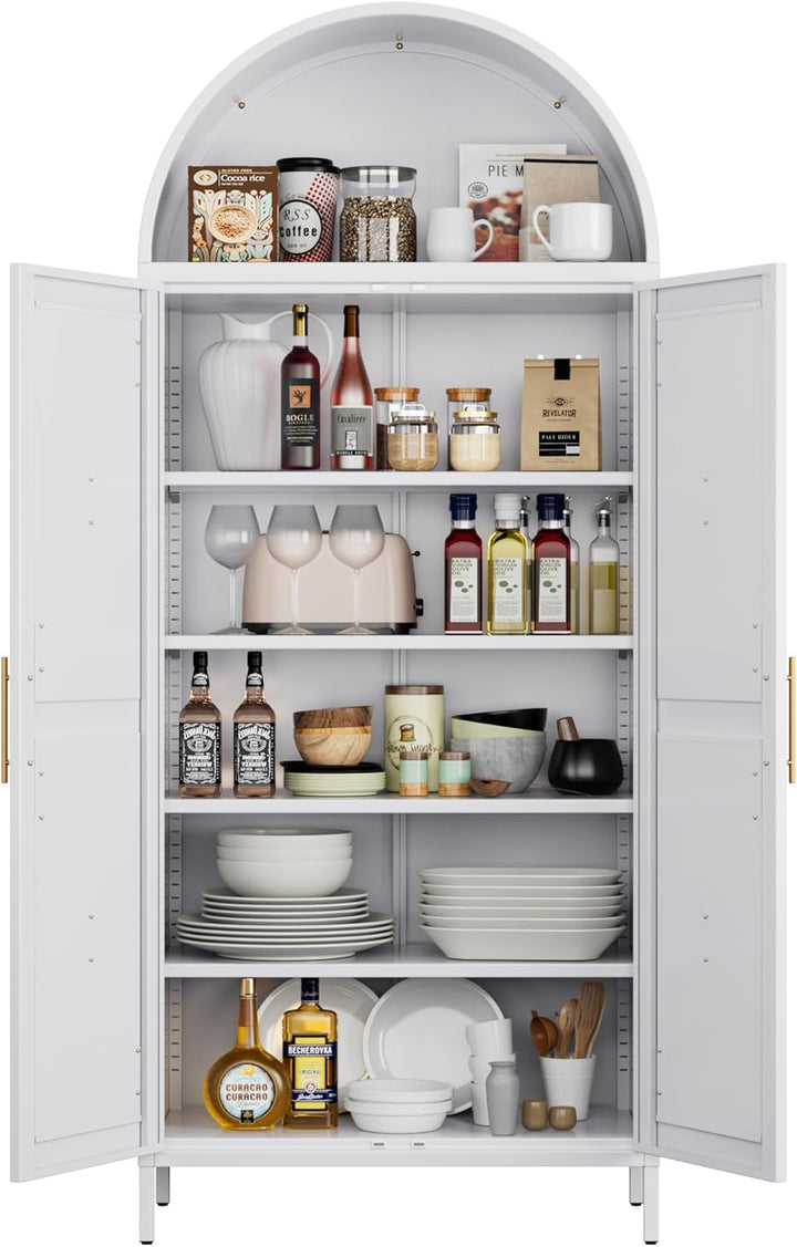 Metal Arched Kitchen Pantry Cabinet – White Storage Cabinet with Doors