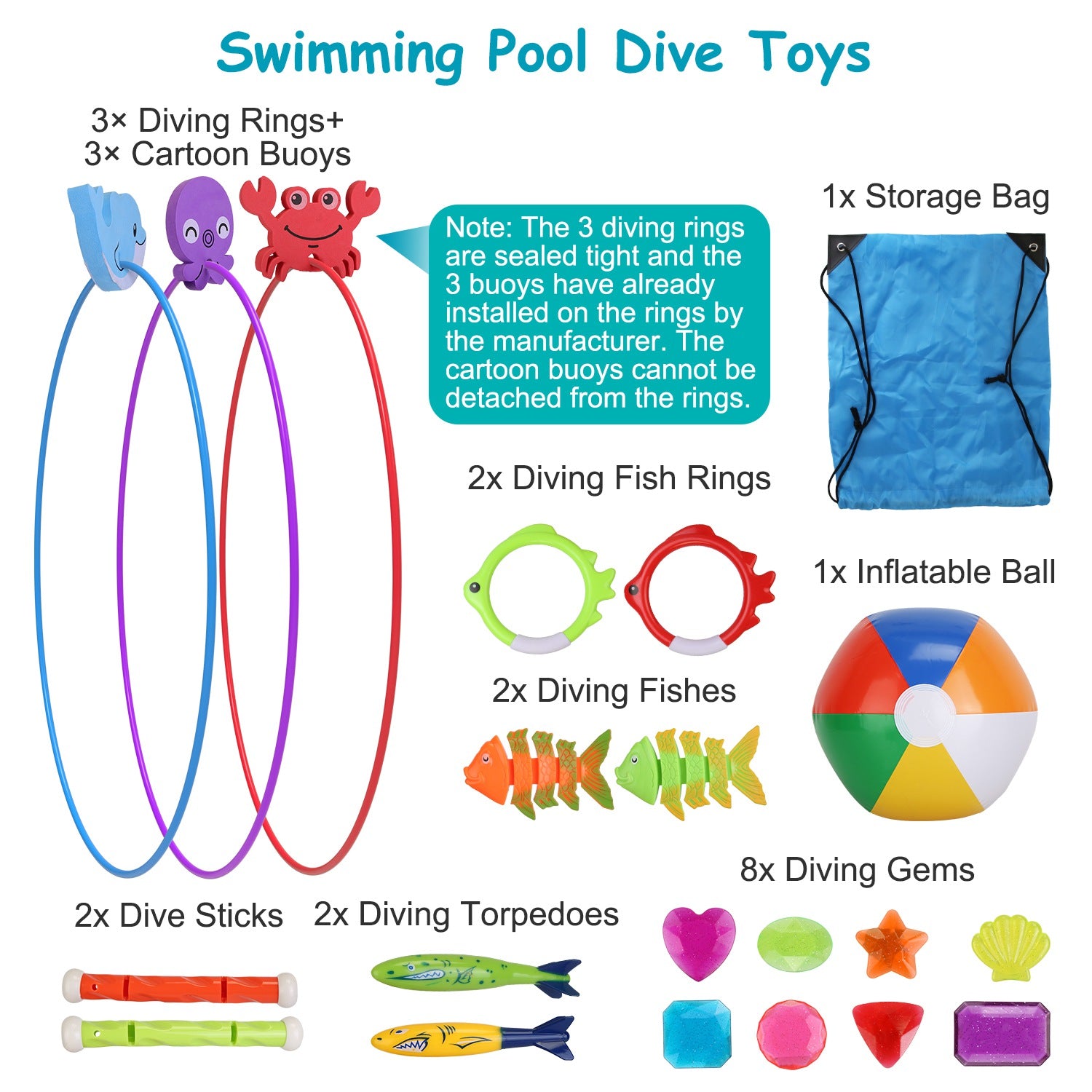 24-Piece Diving & Swimming Pool Toys Set – Rings, Torpedoes, Gems + Storage Bag