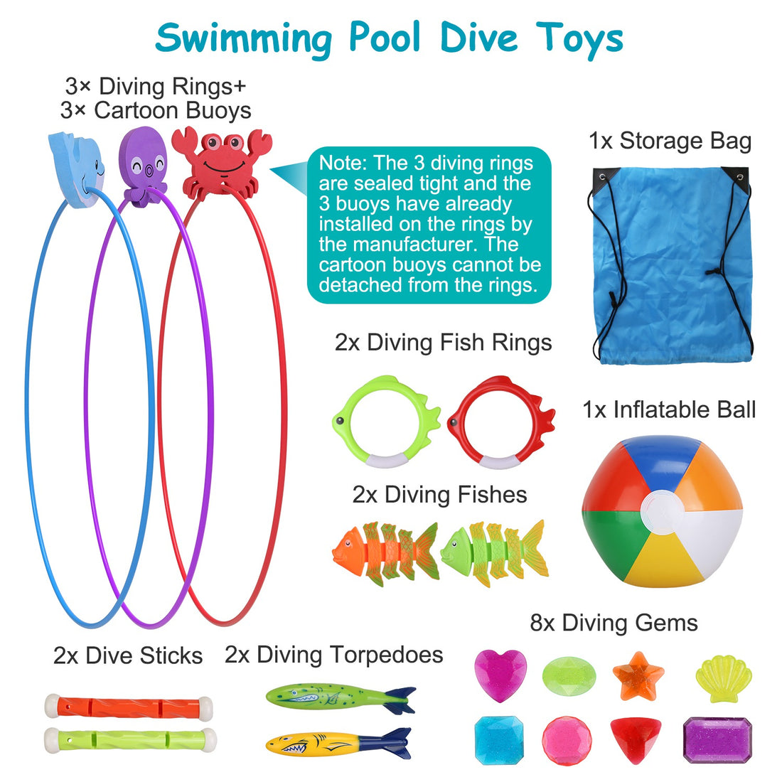 24-Piece Diving & Swimming Pool Toys Set – Rings, Torpedoes, Gems + Storage Bag