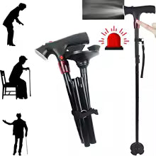 Folding Elderly Walking Stick With Buffered T Handle And Pivoting Quad Base Walking Stick Cane With LED Light And Alarm