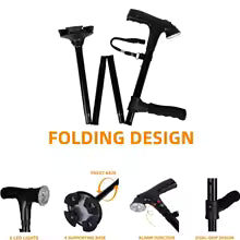 Folding Elderly Walking Stick With Buffered T Handle And Pivoting Quad Base Walking Stick Cane With LED Light And Alarm
