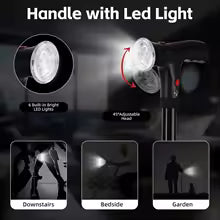 Folding Elderly Walking Stick With Buffered T Handle And Pivoting Quad Base Walking Stick Cane With LED Light And Alarm
