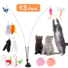 Pet Cat Toy Set Teaser Stick Set Double Headed Interactive Cat Toy Detachable Handfree Cat Toy Stick for Floor Glass Door Panel Pet Cat Toy Set Suction Cup Toy Set Detachable Teaser Stick Set Interactive Cat Toy for Cat Training Playing Accessories