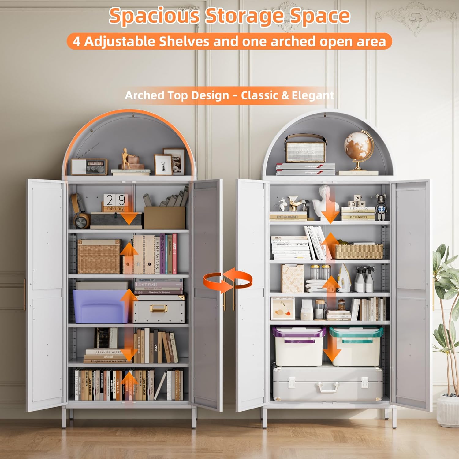 Metal Arched Kitchen Pantry Cabinet – White Storage Cabinet with Doors