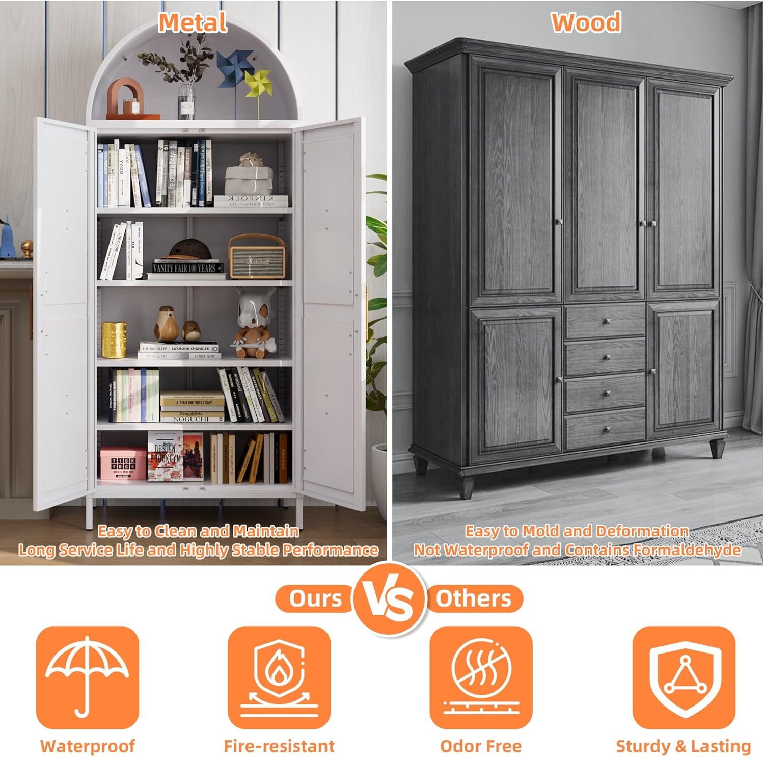 Metal Arched Kitchen Pantry Cabinet – White Storage Cabinet with Doors