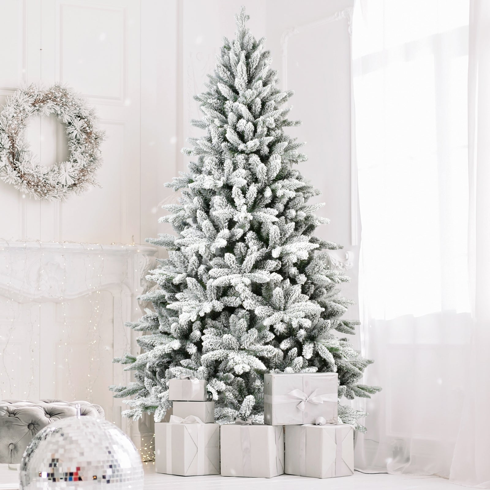7ft Flocked Hinged Christmas Tree – PVC/PE, Eco-Friendly & Fire-Resistant