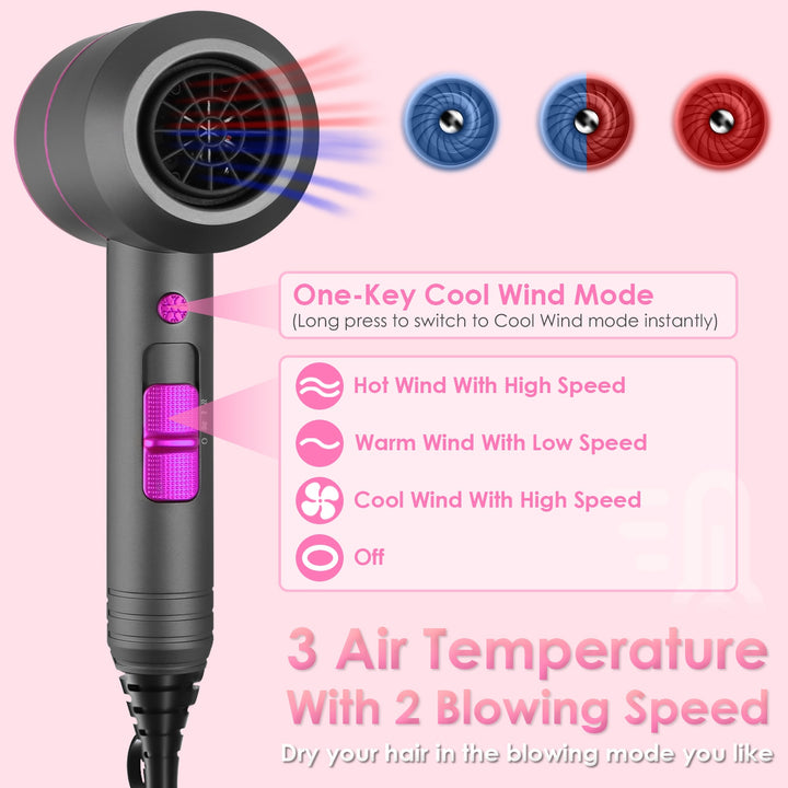 1800W Portable Hair Dryer – Compact Blow Dryer with Cool/Warm/Hot Air