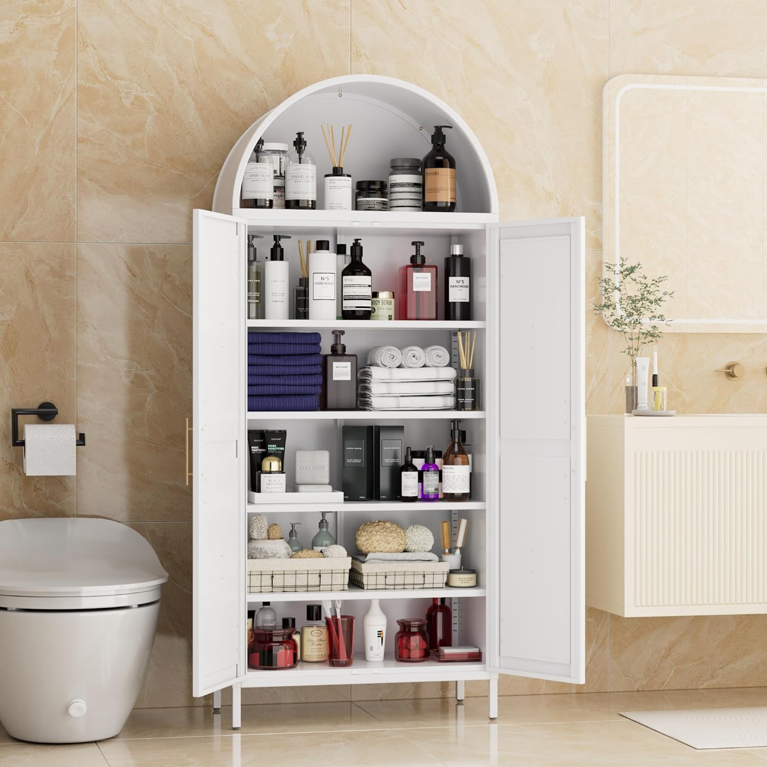 Metal Arched Kitchen Pantry Cabinet – White Storage Cabinet with Doors